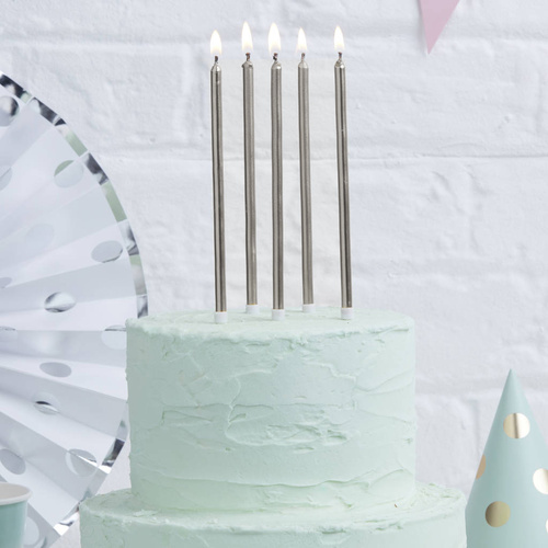 SILVER Tall Cake Candles (Pack of 12)