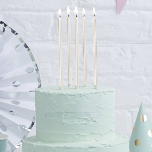 PEARLIZED WHITE Tall Cake Candles (Pack of 12)