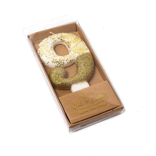 Gold Glitter Dipped Candle - Number 9